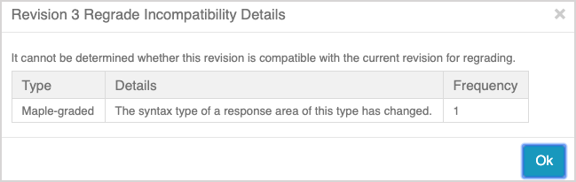 A table is shown that explains the details of why the revision isn't compatible.